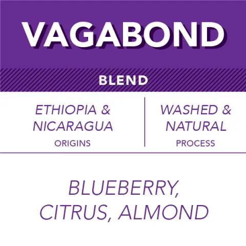 Vagabond blend label - Ethiopia and Nicaragua, washed and natural process, blueberry citrus almond tasting notes